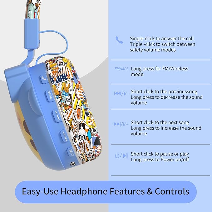 Kids Bluetooth Headphones, 85dB Volume Limit, Ultra-Soft Over-Ear, Built-in Mic, Foldable, Beerus Cartoon Animal Design, Suitable for School & Travel, FM/TF/AUX Supported
