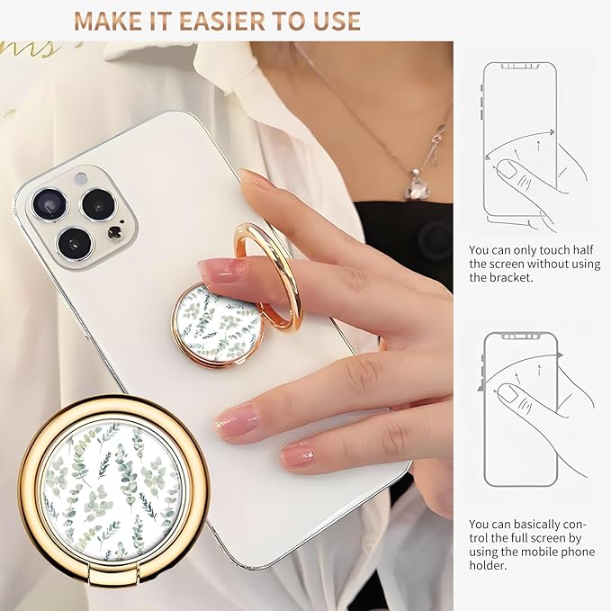 Cell Phone Ring Holder, Cute Metal Phone Grip Stand Finger Ring Kickstand, Flexible 360°Rotation Phone Tablet Case Accessories Compatible with Most Phones Cute Green Leaf