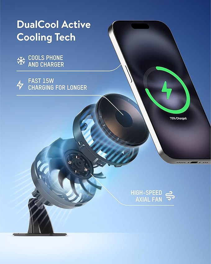 Mous 15W Qi2 Wireless Charging Dashboard Mount, Designed for MagSafe Car Phone Holder- Fast Cooling Magnetic Car Mount Charger Compatible with iPhone 16/15/14/13, Pixel 10 and S25 - Adhesive