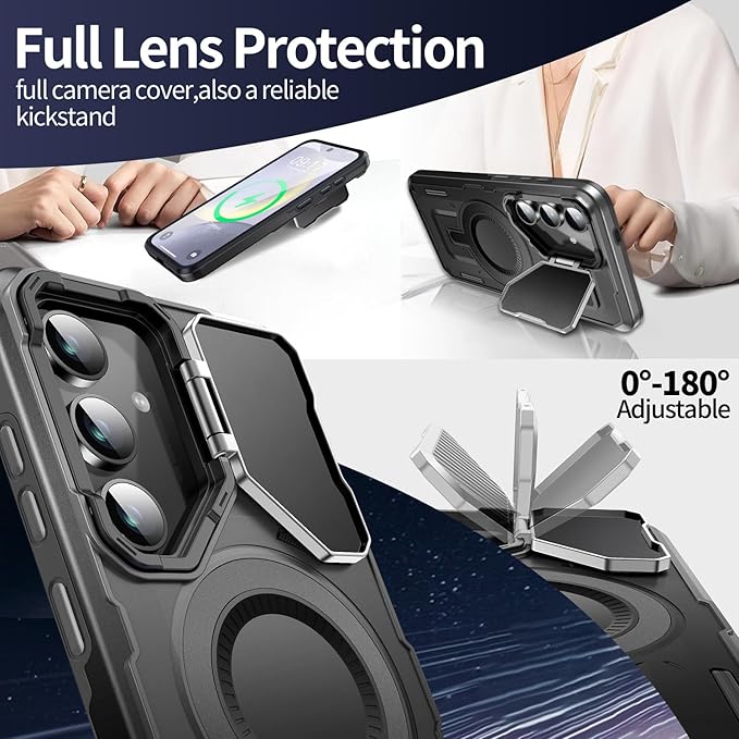 Camera Stand Case for Galaxy S24 Plus/S25 Plus, [Compatible with MagSafe][Lens Cover] 2024 Version Military Grade Protective Soft Case for Samsung Galaxy S24 Plus / S25 Plus 6.7" Men Women, Black
