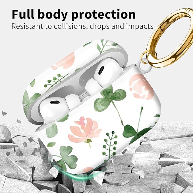 Compatible with Airpod pro 2nd/1st Generation Case Cover with Gold Round Keychain Cute Pattern Hard & Anti Slip Cover for Men Women & Girls（Flowers and Plants）