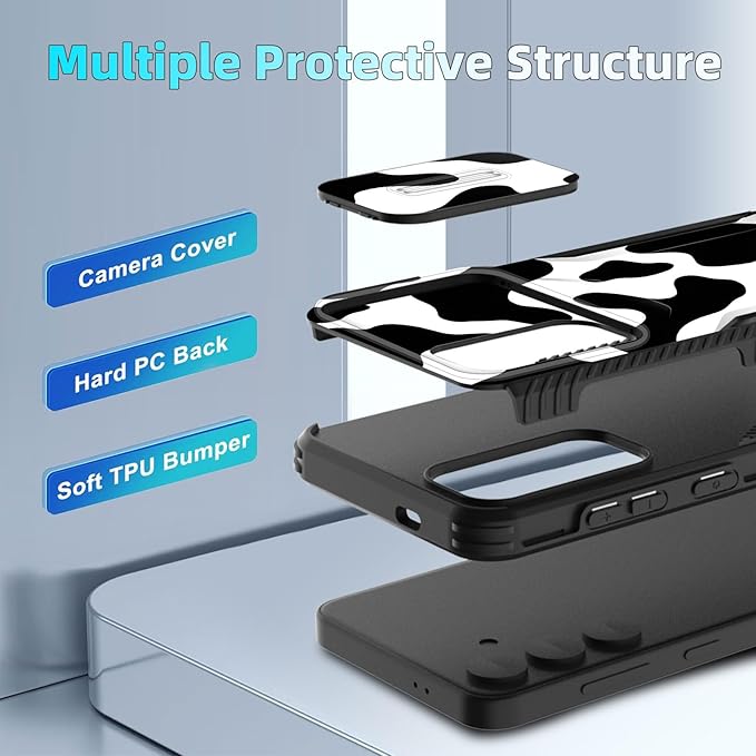for Galaxy S24 FE Case Built in Slide Camera Lens Cover,Heavy Duty Shockproof Protection Dual Layer Case for Samsung Galaxy S24 FE 5G 6.7" 2024,Cow Print