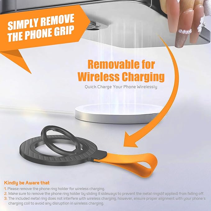 Magnetic Phone Grip with Magnet Stand – 360° Rotatable Finger Ring Holder & Strong Kickstand, Compatible with iPhone 16/15/14/13/12 Series (Hands-Free Viewing) (BlackOrange)