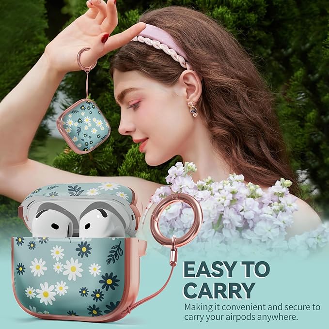 Inesore with Safety Lock for AirPods 4 Case,Clear Floral Cute AirPod 4th Generation Case for Women Girly with Cleaner Kit and Keychain- Green Daisy Flowers