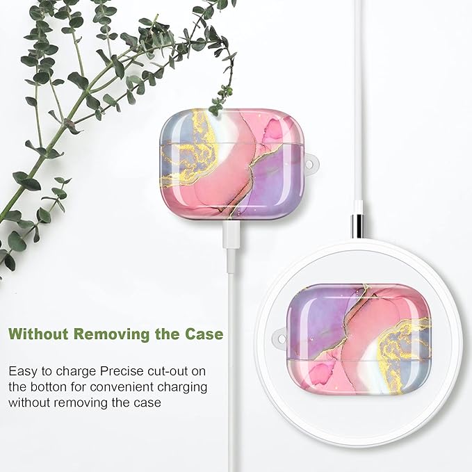 JIAXIUFEN Compatible with AirPods Pro 2019 / Airpods Pro 2nd Generation Case Cover Gold Sparkle Glitter Marble Design Cute Full Protective Silicone TPU Skin Accessories for Women Girl Pink Purple