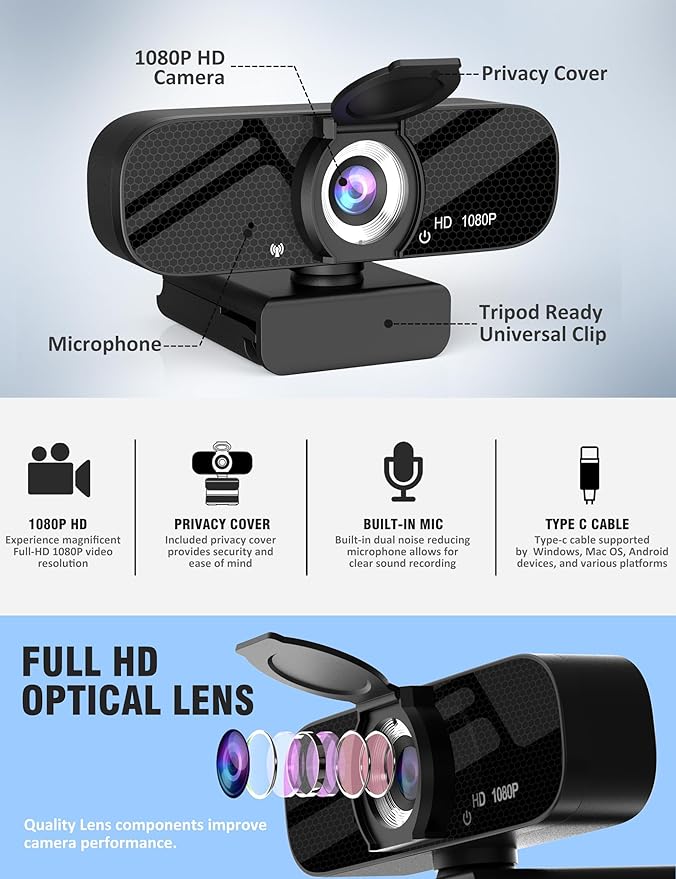 USB HD Webcam with Built-in Microphone and Rotatable Tripod, 1080P Video, Wide Angle Camera, Privacy Cover, for Desktop PC or Laptop Computer（Black）