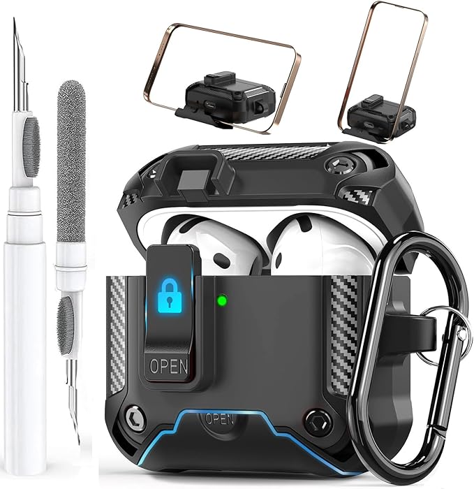 for Airpods 4 Case with Phone Stand&Lock Clip, Rugged Apple Airpods 4th Generation Cover 2024 Men Women, Armor Shockproof iPod 4 Gen Protective Hard Shell with Carabiner&Cleaner kit, Black