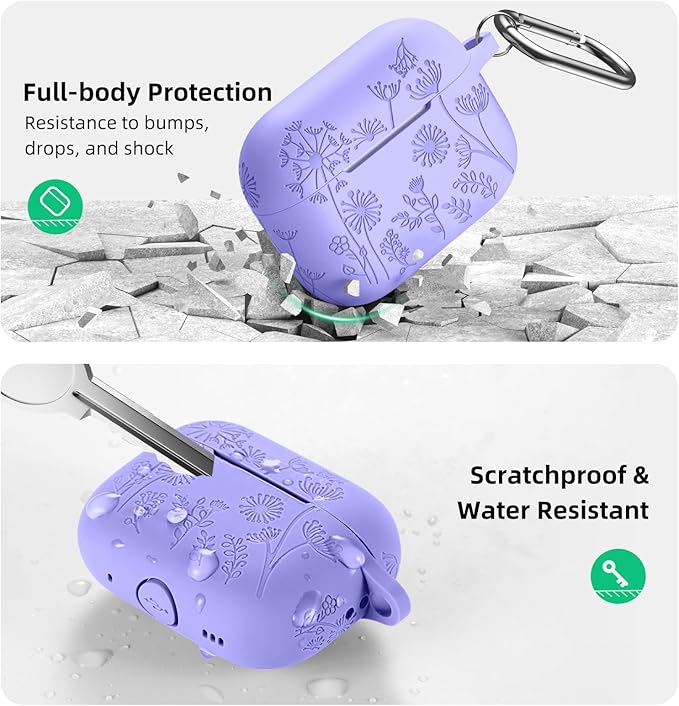 Lerobo Flower Engraved Cover for Airpods Pro 2nd 1st Generation Case USB C, Cute Soft Silicone Skin Full Protective Cover Compatible with Apple AirPods Pro/Pro 2 Case, Front LED Visible, Bluish Violet