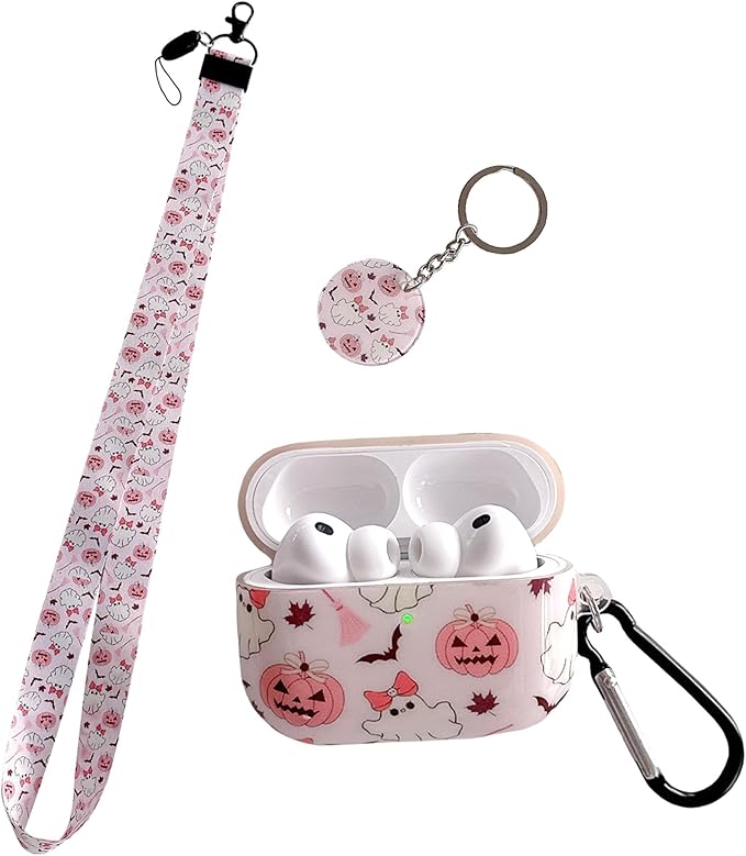 Cute Quirky Pumpkin Ghost Fun Design Air Pod Pro 3 Generation Case（2025） with Pumpkin Ghost Lanyard Keychain，Unique IMD Process TPU Soft Pro 3 Case
