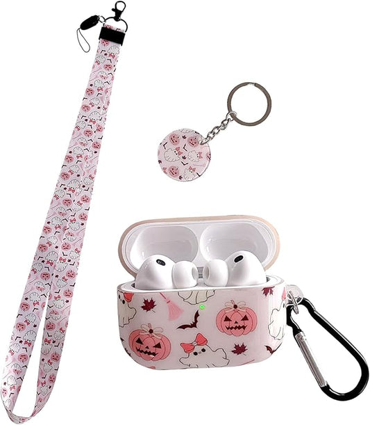 Cute Quirky Pumpkin Ghost Fun Design Air Pod Pro 3 Generation Case（2025） with Pumpkin Ghost Lanyard Keychain，Unique IMD Process TPU Soft Pro 3 Case