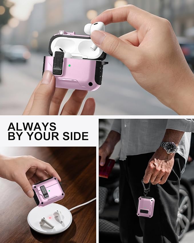 Lerobo for AirPods Pro 2 Case, Compatible with Apple AirPods Pro Case 1st/2nd Generation, Drop Protection Cover with Phone Stand & Cleaner Kit, Magnetic Automatic Lock, Compatible with Magsafe, Pink