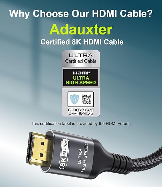 Certified 10K 8K HDMI 2.1 Cable 1.5 FT, 48Gbps Ultra High Speed HDMI® Cord Ethernet CEC 4K 240Hz 165Hz 144Hz 120Hz 8K 60Hz eARC Netflix HDCP2.3 HDR10+ PC Laptop RTX5090 TV Monitor Projector X-box PS5