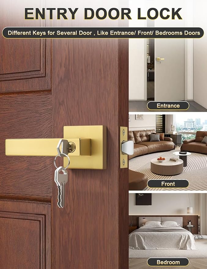3 Pack Brushed Gold Entry Door Levers with Lock and Key, Satin Brass Entrance Door Handles, for Exterior or Interior Doors, Bedroom, Office, Hotel (Each with 3 Keys)