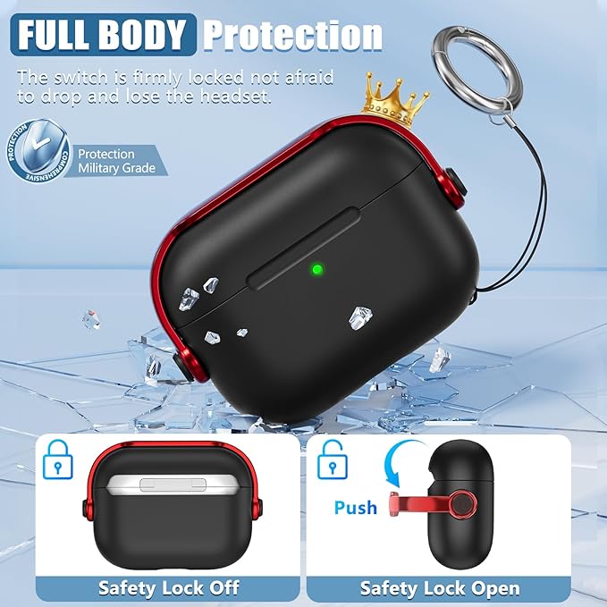 for Airpods Pro 3 Case,Safety Lock Cases for Apple Airpod Pro 3 (2025) with Cleaner Kit, Drop Protection Air pods Pro3 Case Cover for Men for Women with Keychain,Black+Red