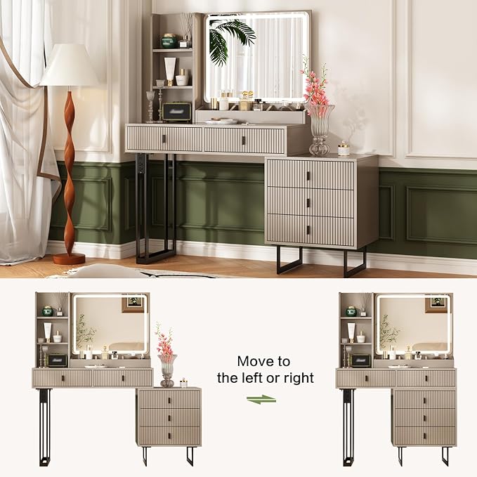 Large Vanity Desk with 3 Color Touch Screen Dimming Mirror, Vanity Desk with Charging Station, Modern Retractable Makeup Dressing Table, Makeup Table with Storage Shelves and 5 Sliding Drawers