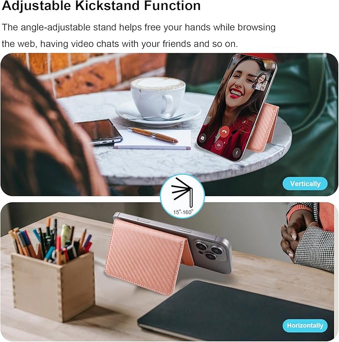 Bocasal for MagSafe Wallet Magnetic Card Holder, RFID Blocking Leather Card Slots for iPhone 17/16/15/14/13/12 Pro/Max/Plus/Air, Adjustable Kickstand Flip Mag Safe Wallet (Carbon Filber Rose Gold)