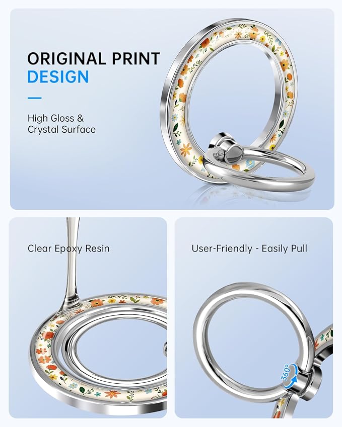 Magnetic Phone Ring Holder Compatible with MagSafe - Cell Phone Grip Magnet Removable Finger Ring Grip Stand Cute Kawaii Design for iPhone 17 Pro Max 16 15 14 13 12 Series Color Little Floral