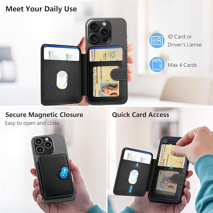 TopMade for Magsafe Wallet, Strongest Magnetic Card Holder for iPhone 17/16/15/14/13/12 Series, Slim Magnetic Phone Wallet, 4 Cards Holder, Vegan Leather, RFID Blocking, Open ID Window, Black