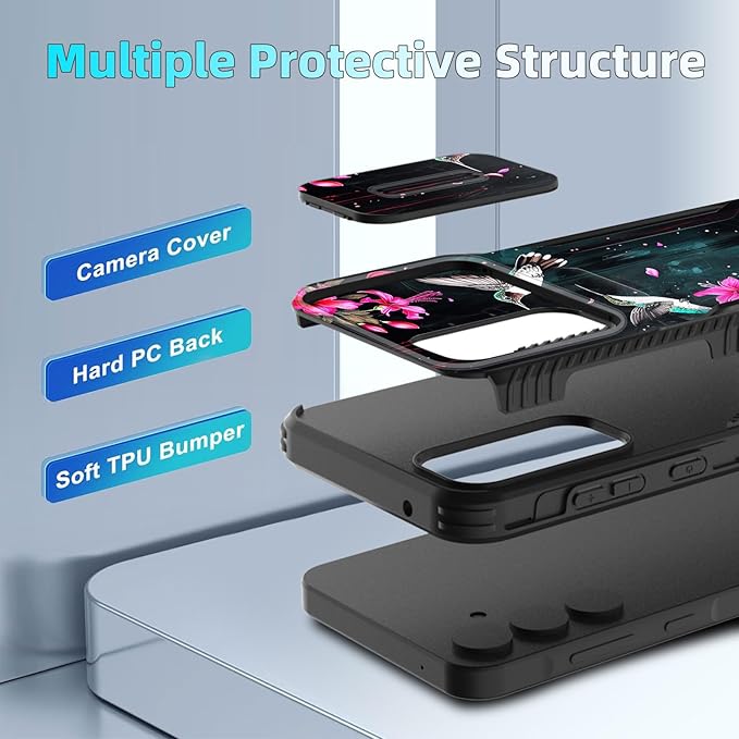for Galaxy A35 5G Case Built in Slide Camera Lens Cover,Heavy Duty Shockproof Protection Dual Layer Case for Samsung Galaxy A35 5G 6.6 inch 2024,Flower Hummingbird