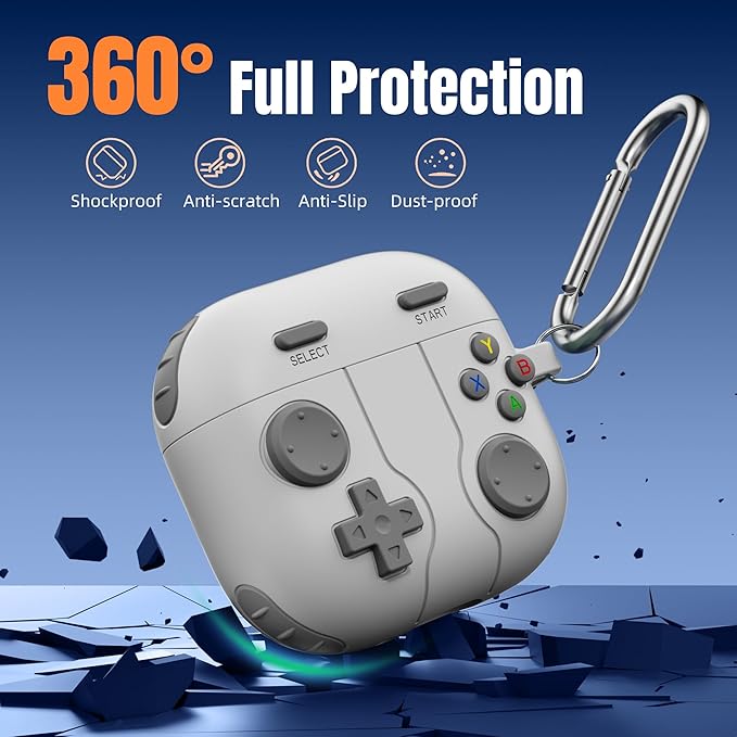 Getino Game Case for AirPods 4 2024 Cover with Cleaner Kit, Keychain, Compatible with Apple Airpods 4 Case Covers, Cute Funny Shock-Proof Protective Silicone AirPod 4 Case for Men Boy-Light Gray