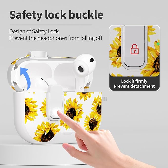 for AirPods Pro 3 Case(2025) with Secure Lock Clip and Phone Stand,Floral Girly Style Protective Cover with Cleaning Kit and Hand Strap for Apple AirPod Pro 3 Generation (White Sunflower)