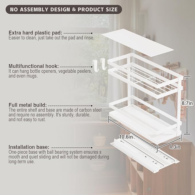 Pull Out Spice Rack Organizer for Cabinet, 1 Pack Metal Seasoning Organizer Slide Out Spice Storage Shelf No Assembly Vertical Spice Rack Pullout for Kitchen & Bahthroom No Drill(2 Tier,White)