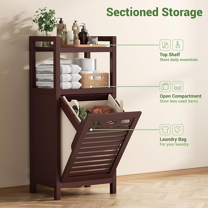 Homykic Tilt Out Laundry Hamper, 10 Gal Bamboo Laundry Storage Cabinet with Removable Basket, Hidden Hamper Organizer with Shelf for Dirty Clothes, Bathroom, Laundry Room, Space Saving, Espresso