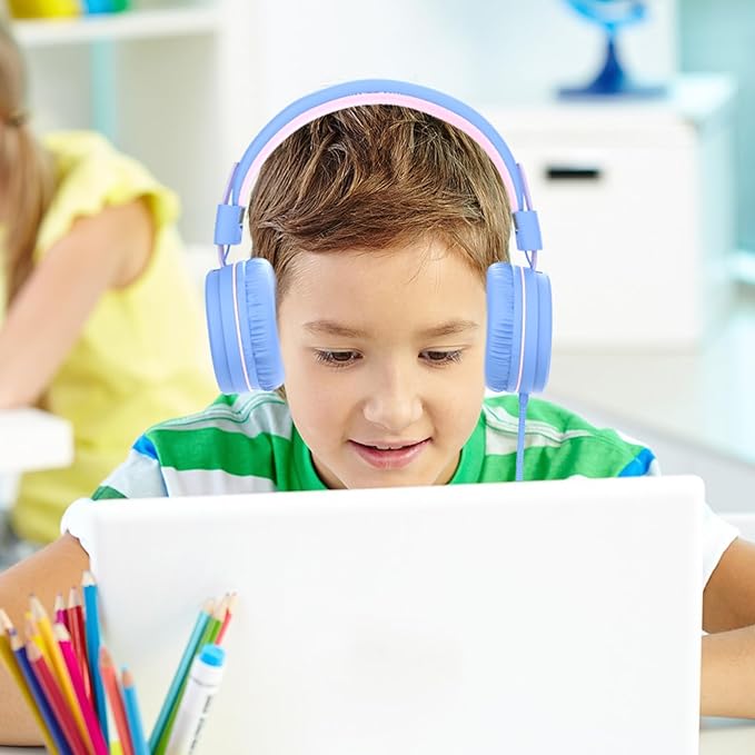 ELECDER i37 Kids Headphones for School Children Girls Boys Teens Foldable Adjustable On Ear Headphones Wired with 3.5mm Jack for Smartphones Chromebook Laptop Computer PC Tablets Trave, Purple/Pink