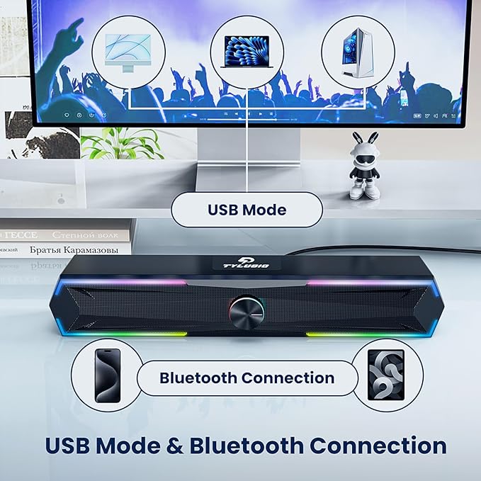 Pc Speakers Computer Sound Bar with Stereo Sound, Flowing LED & Push-Button Control Computer Speaker for Desktop Laptop Monitor, USB Input