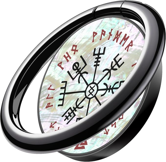 Carveit Natural Shells Cell Phone Ring Holder Metal Phone Kickstand Grip for iPhone 16 Pro Max/15/14 & Galaxy S23/S24/S25 Ultra & Pixel 8/9 -Black-The Guiding Vegvisir