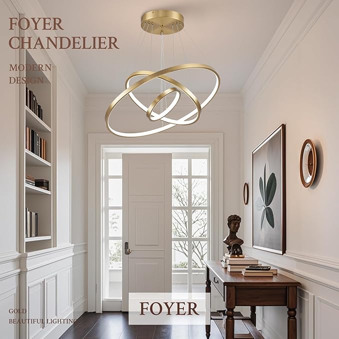 3 Ring Modern LED Chandelier Gold Dimmable Round Chandeliers, LED Circular Pendant Light Fixture with Remote Control for Living Room, Dining Room, Office, Entry, Bedroom