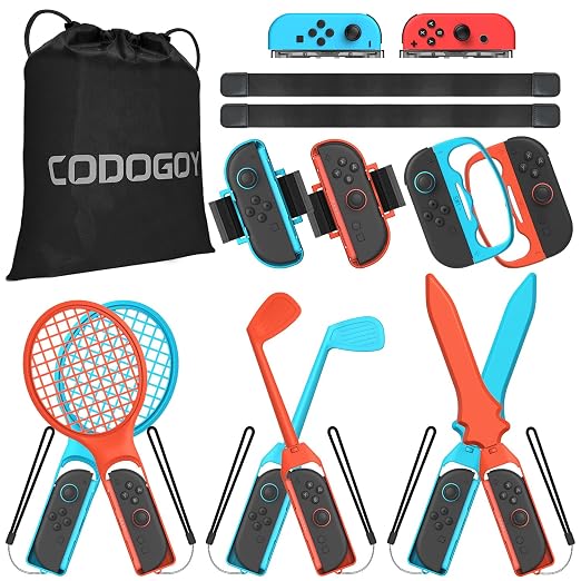 CODOGOY 12-in-1 Switch Sports Accessories Bundle for Switch 1/OLED - Complete Family Sports Kit with Storage Bag, Exclusive Bowling Grips & 2 Player Support for Nintendo Switch Sports Games,Switch 1/2 Compatible