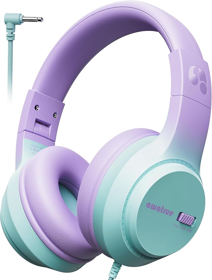 Kids Headphones, 74/85/94dB Volume Limiter, Foldable Wired Over Ear Headphones for Travel, 3.5mm Jack, Toddler Headphones for School, Chromebook, iPad, Tablet, Purple Green