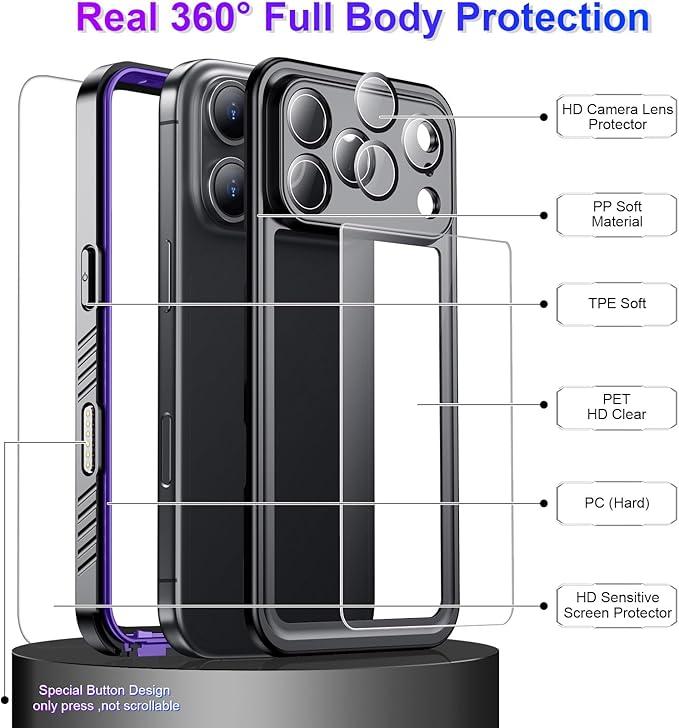 Temdan Compatible with iPhone 17 Pro Case,Waterproof Built-in Screen & Camera Protector IP68 Underwater Full Body 17FT Military Dropproof Shockproof Phone Case 6.3"-Purple/Clear