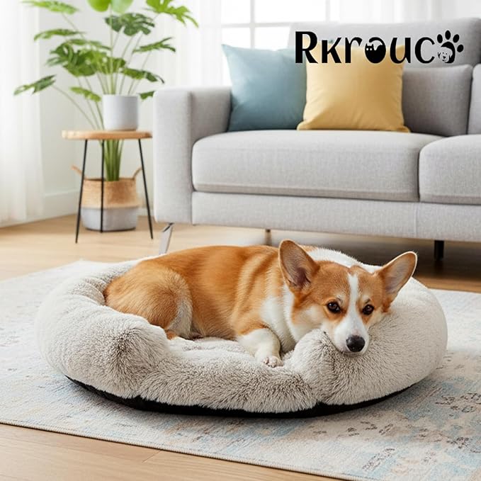 Fluffy Dog Bed Calming Donut Beds for Large Dogs Warming Round Small Medium Pet Nest Cozy Cat Mattress Indoor Washable Puppy Kennel Kittens Sleep Mat (M, 27.5×27.5 inch, Gradient Coffee)