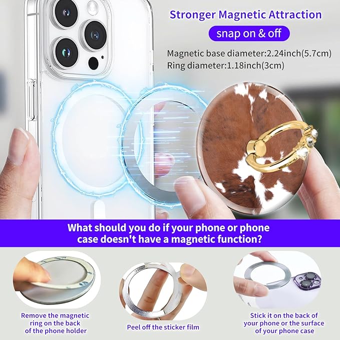 Magnetic Phone Ring Holder Compatible with MagSafe, Cute Phone Grip Stand with 360° Rotation Gold Glitter Finger Ring Kickstand Accessories for Most Phones Brown White Cowhide