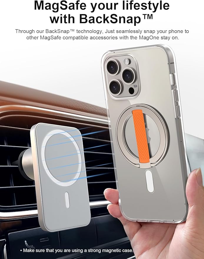 EWA MagOne 2nd Gen [Compatible with MagSafe] Phone Grip Stand with Replaceable Silicone Finger Strap, Magnetic Ring Holder Kickstand Loop, for iPhone 16,15,14,13Pro/ Max/Plus-(Gold-Orange)