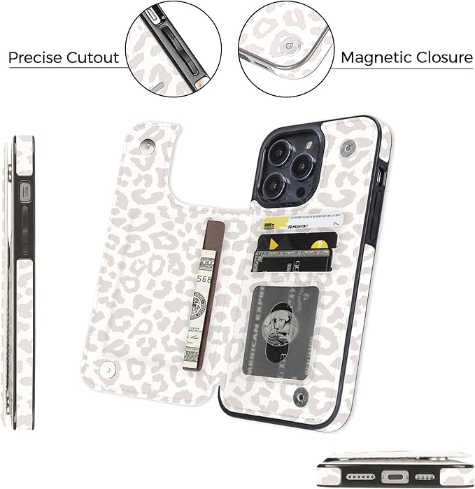 uCOLOR Compatible with iPhone 14 Pro Max 6.7" Wallet Case with Card Holder Folio Flip PU Leather Kickstand Card Slots Case Double Magnetic Clasp and RFID Blocking Cover 6.7 Inch (Beige Leopard)