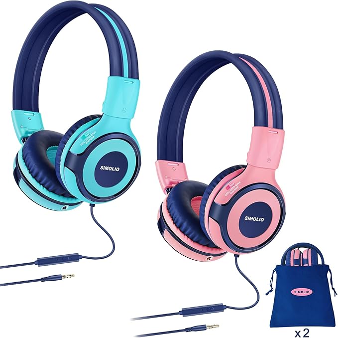 SIMOLIO 2 Pack Headphones for Kids with Share Port & Mic, 75dB/85dB/94dB Safe Volume Limit, Wired School Headphones for Girls Boys Children Tablet Laptop Travel (Mint,Pink)