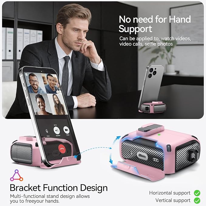 for AirPods Pro 3 Case (2025) with Phone Stand,（with Automatic Snap Switch） Carbon Fiber Design Protection Cover with Cleaning Pen,Pink