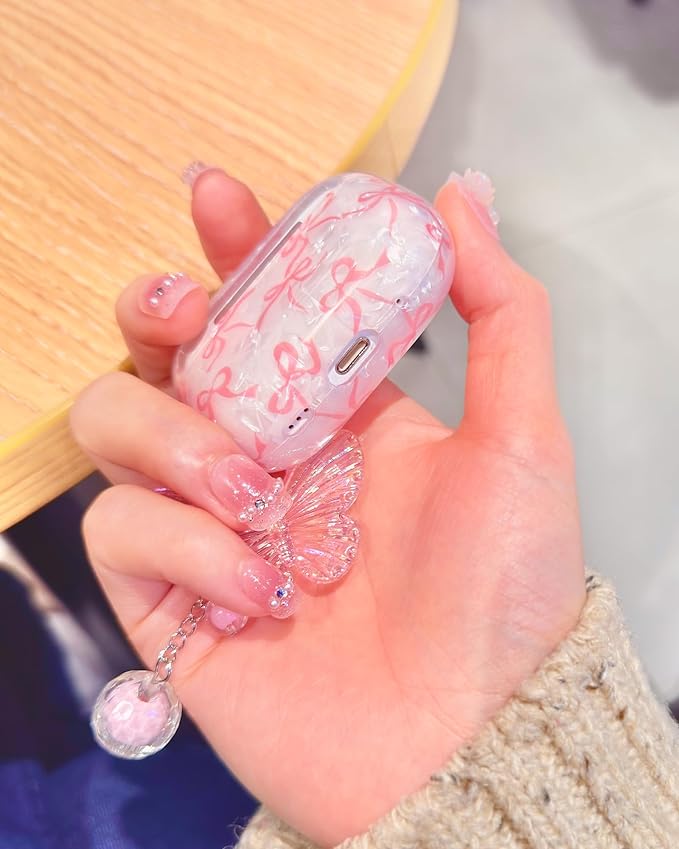 Compatible with AirPods Pro 2 Case Cute, Shell Pattern Shockproof Protective Cover for Girls Women with Butterfly Keychain Designed for AirPod Pro 1st / 2nd Generation, Pink Bow