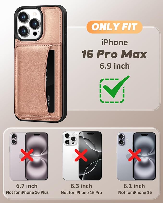 for iPhone 16 Pro Max Case with Wallet - Fits 4 Card Slots, Compatible with MagSafe for Women Aesthetic PU Leather Credit Card Holder Kickstand Phone Cover for Apple 16 Promax, Rose Gold