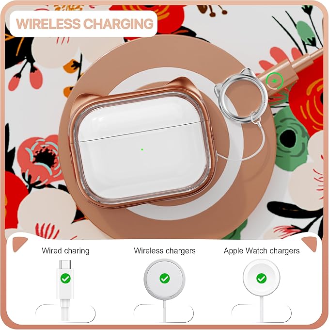 RFUNGUANGO AirPods Pro Case for Women Girly Cat Case with Lock, Phone Stand, Keychain & Cleaner Kit, Compatible with Apple Airpods Pro 2nd/1st Generation Case Cover, Transparent Gold