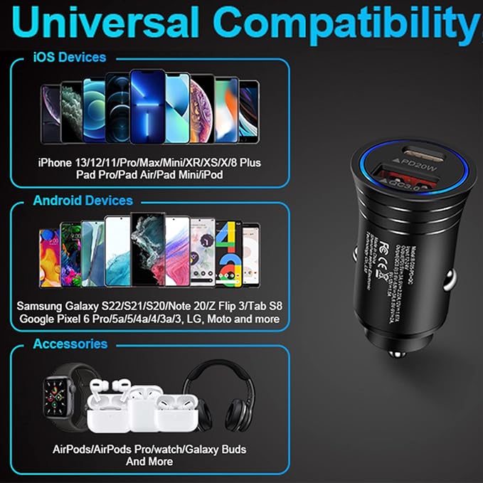 USB C Car Charger, 38W Fast Charge Car Charger Adapter PD&QC 3.0 Dual Port Cigarette Lighter USB Plug for iPhone 17e 17 Pro Max Air 16e 16 15 14 13 12 11 SE XR XS X 8, Samsung Galaxy S26 S25 S24 S23
