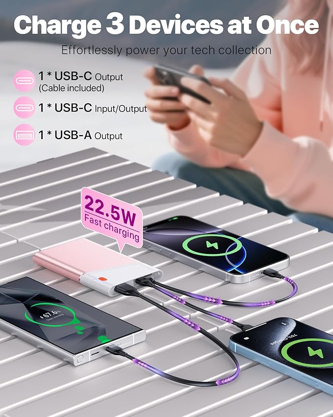 Portable Charger Power Bank, 10000mAh 22.5W PD Fast Charging Powerbank with Built-in USB C Cable, Slim External Phone Battery Pack for iPhone 17/16/15 Samsung S24 Android etc (Pink)