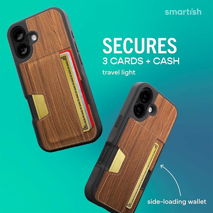 Smartish® iPhone 17 Wallet Case - Wallet Slayer Vol. 2 [Slim + Protective] Credit Card Holder w/Kickstand - Drop Tested Hidden Card Slot Cover for Apple iPhone 17 - Walnut Woods