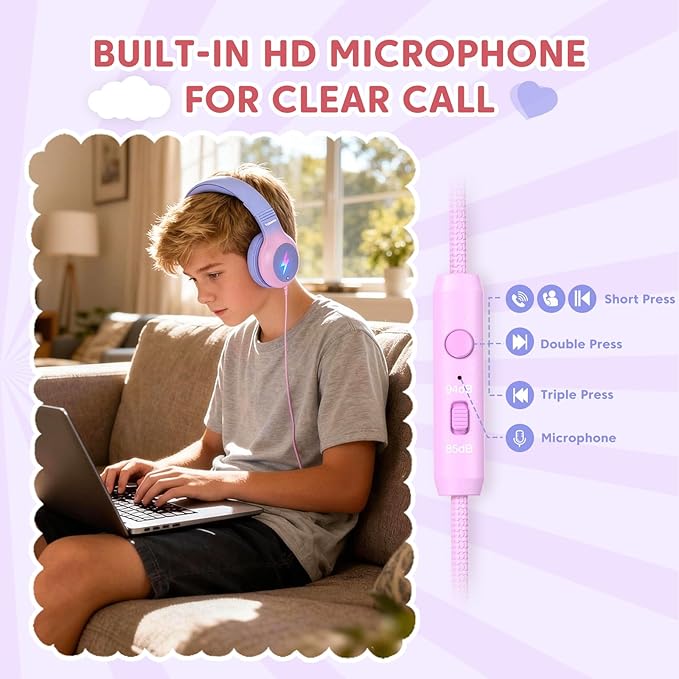 USB Type C Kids Headphones, Wired Headphones for Kids with Microphone/LED Lights, 85/94dB Volume Limit, Stereo Sound, Foldable Over-Ear USB-C Headphones for School/Travel/Tablet/iPad, Purple