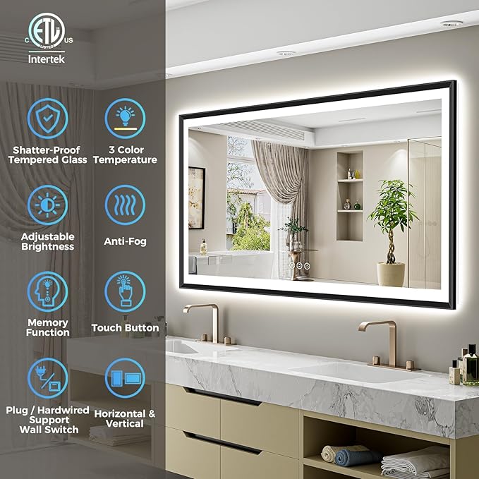 60x40 Black Framed LED Bathroom Mirror with Lights, Backlit and Front Light, Lighted Bathroom Vanity Mirror for Wall Dimmable Anti-Fog Memory Tempered Glass Horizontal/Vertical