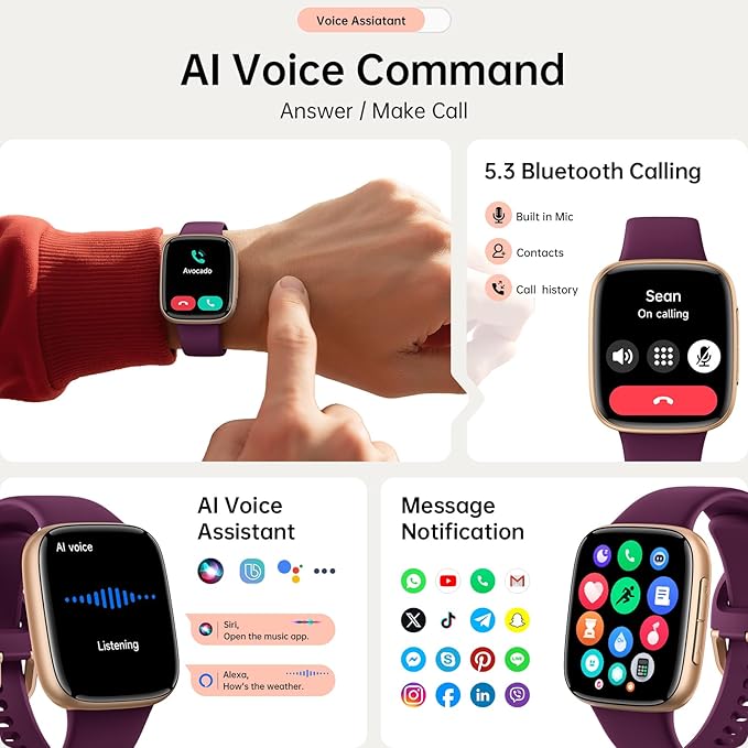 Smart Watches for Women, 1.85" HD AMOLED Display, 2 Bands Included, Works with iPhone & Android, 12-Day Battery, 3ATM Waterproof, Bluetooth Call, Health & Fitness Tracker, D-Purple