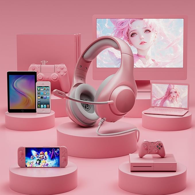Gaming Headset for PS5 PS4 PC, Wired Headsets with 7.1 Surround Sound, H-7 Gaming Over Ear Headphones with Noise Cancelling Flexible Mic Memory Earmuffs, for PC/PS5/PS4/XboxSeries X/S/Switch (Pink)